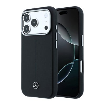 Apple iPhone 17 Pro Max Kılıf Mercedes Benz Orjinal Lisanslı M-safe Şarj Özellikli Metal Yıldız Logolu Çizgili Deri Kapak