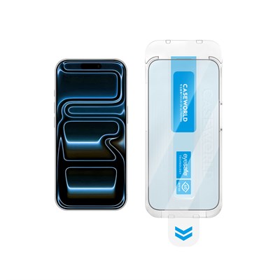 Apple iPhone 18 Pro CaseWorld Applicator Serisi 2.5D Eyesafe Mavi Işık Teknolojili Safir 0.33mm Temperli Cam Ekran Koruyucu + Uygulama Aparatı
