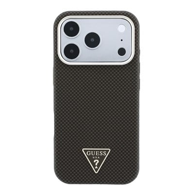 Apple iPhone 18 Pro Kılıf Guess Orjinal Lisanslı M-safe Şarj Özellikli PU Metal Üçgen Logolu Karbon Fiber Kevlar Kapak