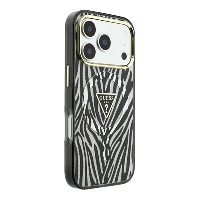 Apple iPhone 18 Pro Kılıf Guess Orjinal Lisanslı M-safe Şarj Özellikli Üçgen Logolu Zebra Desenli Silikon Kapak