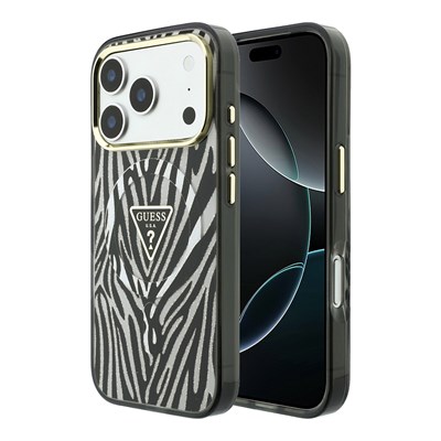 Apple iPhone 18 Pro Kılıf Guess Orjinal Lisanslı M-safe Şarj Özellikli Üçgen Logolu Zebra Desenli Silikon Kapak