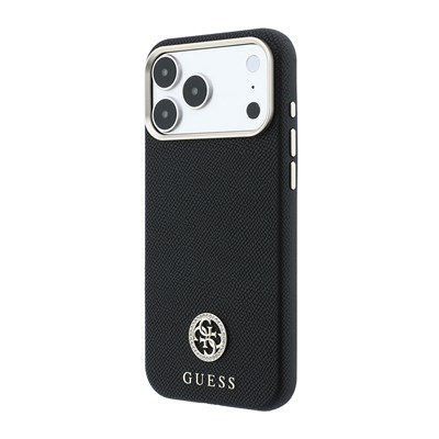 Apple iPhone 18 Pro Kılıf Guess Orjinal Lisanslı M-safe Şarj Özellikli PU Taşlı Metal 4G ve Yazı Logolu Kapak