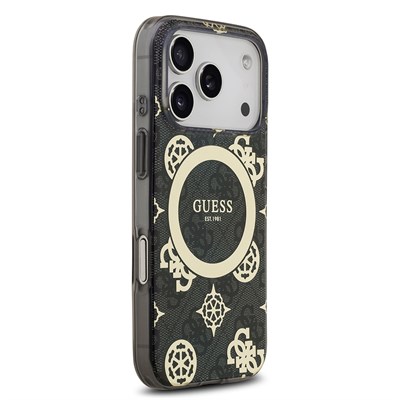 Apple iPhone 18 Pro Kılıf Guess Orjinal Lisanslı M-safe Şarj Özellikli IML Peony ve 4G Desenli Klasik Logolu Kapak