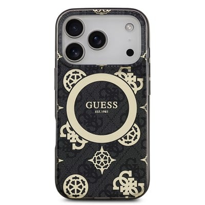Apple iPhone 18 Pro Kılıf Guess Orjinal Lisanslı M-safe Şarj Özellikli IML Peony ve 4G Desenli Klasik Logolu Kapak