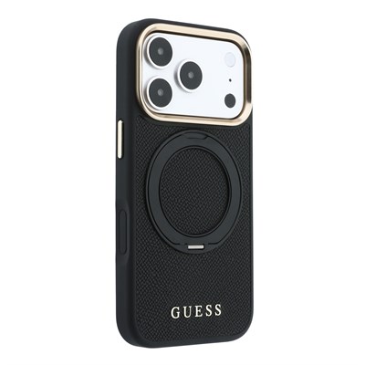 Apple iPhone 18 Pro Kılıf Guess Orjinal Lisanslı M-safe Şarj Özellikli 360 Derece Dönebilen Standlı PU Metal Yazı Logolu Kapak