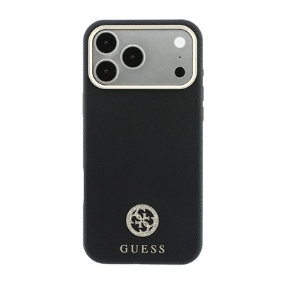 Apple iPhone 18 Pro Kılıf Guess Orjinal Lisanslı M-safe Şarj Özellikli PU Taşlı Metal 4G ve Yazı Logolu Kapak
