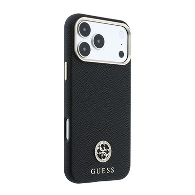 Apple iPhone 18 Pro Kılıf Guess Orjinal Lisanslı M-safe Şarj Özellikli PU Taşlı Metal 4G ve Yazı Logolu Kapak