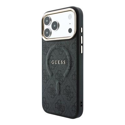 Apple iPhone 18 Pro Kılıf Guess Orjinal Lisanslı M-safe Şarj Özellikli Metal Kamera Çerçeveli C-Magnet 4G Desenli Yazı Logolu Kapak