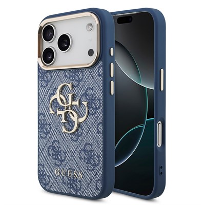 Apple iPhone 18 Pro Kılıf Guess Orjinal Lisanslı Gold Metal Kamera Çerçeveli 4G Desenli Metal Büyük 4G ve Yazı Logolu Kapak