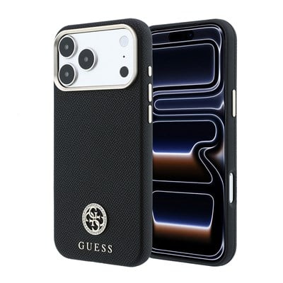 Apple iPhone 18 Pro Kılıf Guess Orjinal Lisanslı M-safe Şarj Özellikli PU Taşlı Metal 4G ve Yazı Logolu Kapak