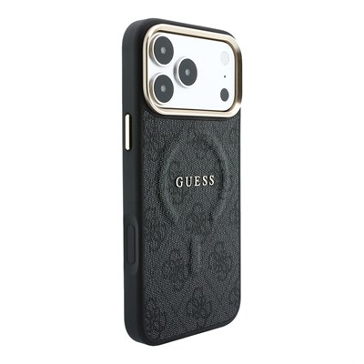 Apple iPhone 18 Pro Kılıf Guess Orjinal Lisanslı M-safe Şarj Özellikli Metal Kamera Çerçeveli C-Magnet 4G Desenli Yazı Logolu Kapak