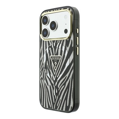 Apple iPhone 18 Pro Kılıf Guess Orjinal Lisanslı M-safe Şarj Özellikli Üçgen Logolu Zebra Desenli Silikon Kapak