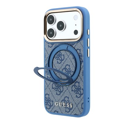 Apple iPhone 18 Pro Kılıf Guess Orjinal Lisanslı M-safe Şarj Özellikli 4G Desenli 360 Derece Dönebilen Standlı Metal Yazı Logolu Kapak