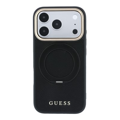 Apple iPhone 18 Pro Kılıf Guess Orjinal Lisanslı M-safe Şarj Özellikli 360 Derece Dönebilen Standlı PU Metal Yazı Logolu Kapak