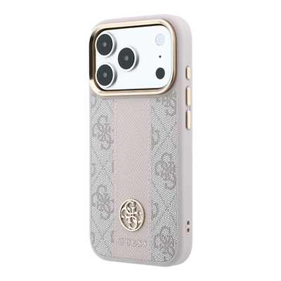 Apple iPhone 18 Pro Kılıf Guess Orjinal Lisanslı M-safe Şarj Özellikli Deri 4G Desenli Şeritli Yazı Logolu Kapak