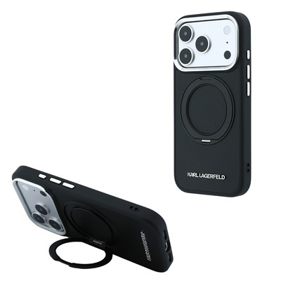 Apple iPhone 18 Pro Kılıf Karl Lagerfeld Orjinal Lisanslı M-Safe Şarj Özellikli Metal Logolu PU Saffiano 360 Derece Dönebilen Standlı Kapak