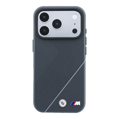 Apple iPhone 18 Pro Max Kılıf BMW Orjinal Lisanslı M-safe Şarj Özellikli M Logolu Lastik İzi Desenli Mavi Çizgili Kapak