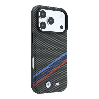 Apple iPhone 18 Pro Max Kılıf BMW Orjinal Lisanslı M-safe Şarj Özellikli Üç Şeritli Metal M Logolu Karbon Fiber Kevlar Kapak