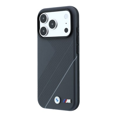 Apple iPhone 18 Pro Max Kılıf BMW Orjinal Lisanslı M-safe Şarj Özellikli M Logolu Lastik İzi Desenli Mavi Çizgili Kapak
