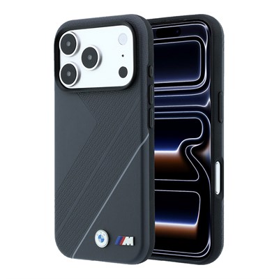 Apple iPhone 18 Pro Max Kılıf BMW Orjinal Lisanslı M-safe Şarj Özellikli M Logolu Lastik İzi Desenli Mavi Çizgili Kapak