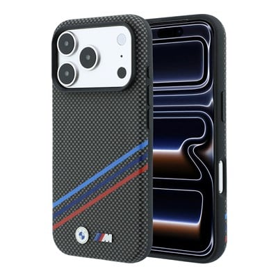 Apple iPhone 18 Pro Max Kılıf BMW Orjinal Lisanslı M-safe Şarj Özellikli Üç Şeritli Metal M Logolu Karbon Fiber Kevlar Kapak