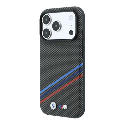 Apple iPhone 18 Pro Max Kılıf BMW Orjinal Lisanslı M-safe Şarj Özellikli Üç Şeritli Metal M Logolu Karbon Fiber Kevlar Kapak