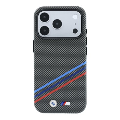 Apple iPhone 18 Pro Max Kılıf BMW Orjinal Lisanslı M-safe Şarj Özellikli Üç Şeritli Metal M Logolu Karbon Fiber Kevlar Kapak