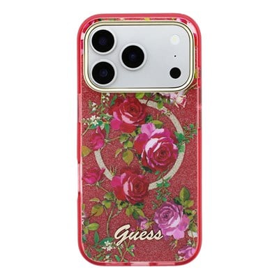 Apple iPhone 18 Pro Max Kılıf Guess Orjinal Lisanslı M-safe Şarj Özellikli Gül Desenli Simli Yazı Logolu Kapak