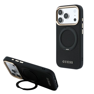Apple iPhone 18 Pro Max Kılıf Guess Orjinal Lisanslı M-safe Şarj Özellikli 360 Derece Dönebilen Standlı PU Metal Yazı Logolu Kapak