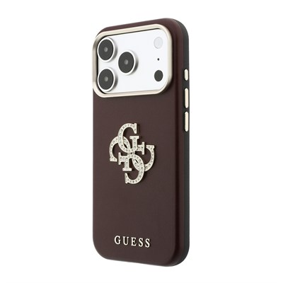 Apple iPhone 18 Pro Max Kılıf Guess Orjinal Lisanslı Metal Kamera Çerçeveli 4G Büyük Taşlı Resin Logolu PU Kapak