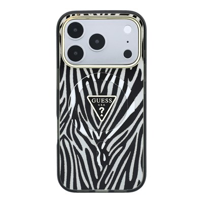 Apple iPhone 18 Pro Max Kılıf Guess Orjinal Lisanslı M-safe Şarj Özellikli Üçgen Logolu Zebra Desenli Silikon Kapak
