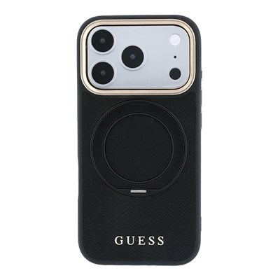Apple iPhone 18 Pro Max Kılıf Guess Orjinal Lisanslı M-safe Şarj Özellikli 360 Derece Dönebilen Standlı PU Metal Yazı Logolu Kapak