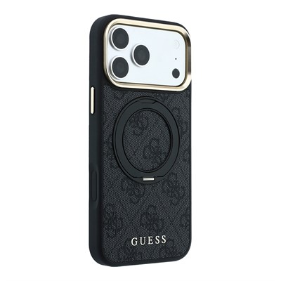 Apple iPhone 18 Pro Max Kılıf Guess Orjinal Lisanslı M-safe Şarj Özellikli 4G Desenli 360 Derece Dönebilen Standlı Metal Yazı Logolu Kapak