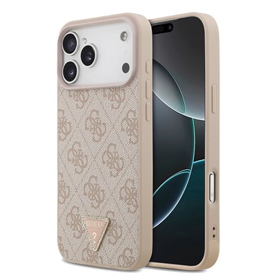 Apple iPhone 18 Pro Max Kılıf Guess Orjinal Lisanslı M-safe Şarj Özllikli PU Deri Taşlı Üçgen Logo 4G Desenli Strass Kapak