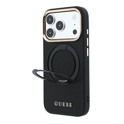 Apple iPhone 18 Pro Max Kılıf Guess Orjinal Lisanslı M-safe Şarj Özellikli 360 Derece Dönebilen Standlı PU Metal Yazı Logolu Kapak