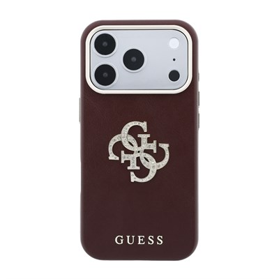 Apple iPhone 18 Pro Max Kılıf Guess Orjinal Lisanslı Metal Kamera Çerçeveli 4G Büyük Taşlı Resin Logolu PU Kapak