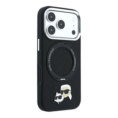Apple iPhone 18 Pro Max Kılıf Karl Lagerfeld Orjinal Lisanslı M-Safe Şarj Özellikli K&C Heads Pin Metal Logolu PU 360 Derece Dönebilen Standlı Kapak