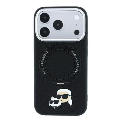 Apple iPhone 18 Pro Max Kılıf Karl Lagerfeld Orjinal Lisanslı M-Safe Şarj Özellikli K&C Heads Pin Metal Logolu PU 360 Derece Dönebilen Standlı Kapak