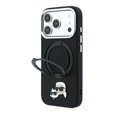 Apple iPhone 18 Pro Max Kılıf Karl Lagerfeld Orjinal Lisanslı M-Safe Şarj Özellikli K&C Heads Pin Metal Logolu PU 360 Derece Dönebilen Standlı Kapak