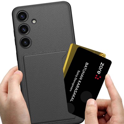 Galaxy S24 Suni Deri Arka Yüzey Sürgülü Kamera Korumalı Zore Kartlıklı Kıpta Silikon Kapak