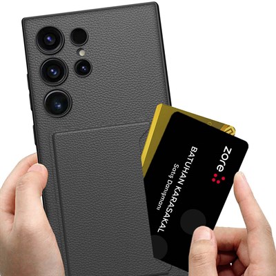 Galaxy S24 Ultra Suni Deri Arka Yüzey Sürgülü Kamera Korumalı Zore Kartlıklı Kıpta Silikon Kapak