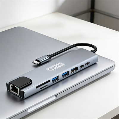 Go Des GD-9218 Type-C Bağlantılı 8in1 USB3.0 + PD + Hdmi 4K Ultra HD + RJ45 + SD/TF Bağlantılı Hub Adaptör