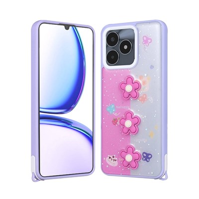 Realme C53 4G Kılıf Parlayan Sıvılı Simli Kabartma Figürlü Zore Cevze Kapak