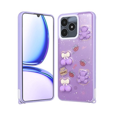 Realme C53 4G Kılıf Parlayan Sıvılı Simli Kabartma Figürlü Zore Cevze Kapak