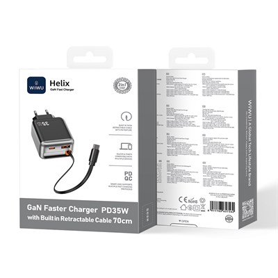 Wiwu Wi-G029 Helix Serisi GaN Teknolojili Hızlı Şarj Başlığı USB-A to Type-C PD 35W Type-C Kablolu Şarj Seti