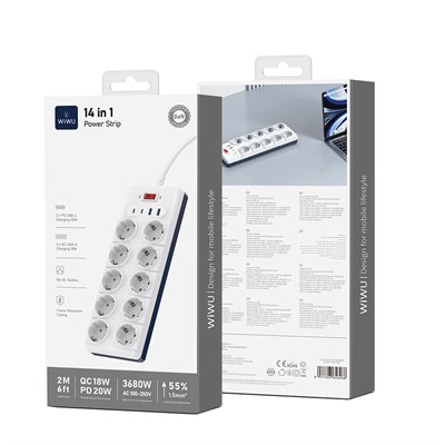 Wiwu Wi-S008 20W GaN Tech Power Strip 14 in 1 Çoklu Priz 2M