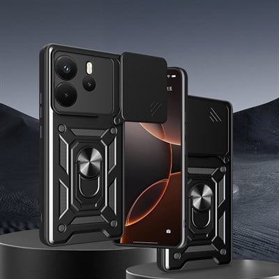 Xiaomi Redmi Note 14 Kılıf Magnetik Standlı Kamera Korumalı Zore Sürgülü Vega Kapak