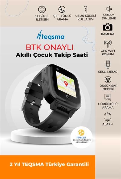 TEQSMA S25 Uz Akıllı Çocuk Saati- SOS, GPS Takibi, Görüntülü Görüşme, BTK Onaylı, Su Geçirmez 24 Ay Garantili Siyah