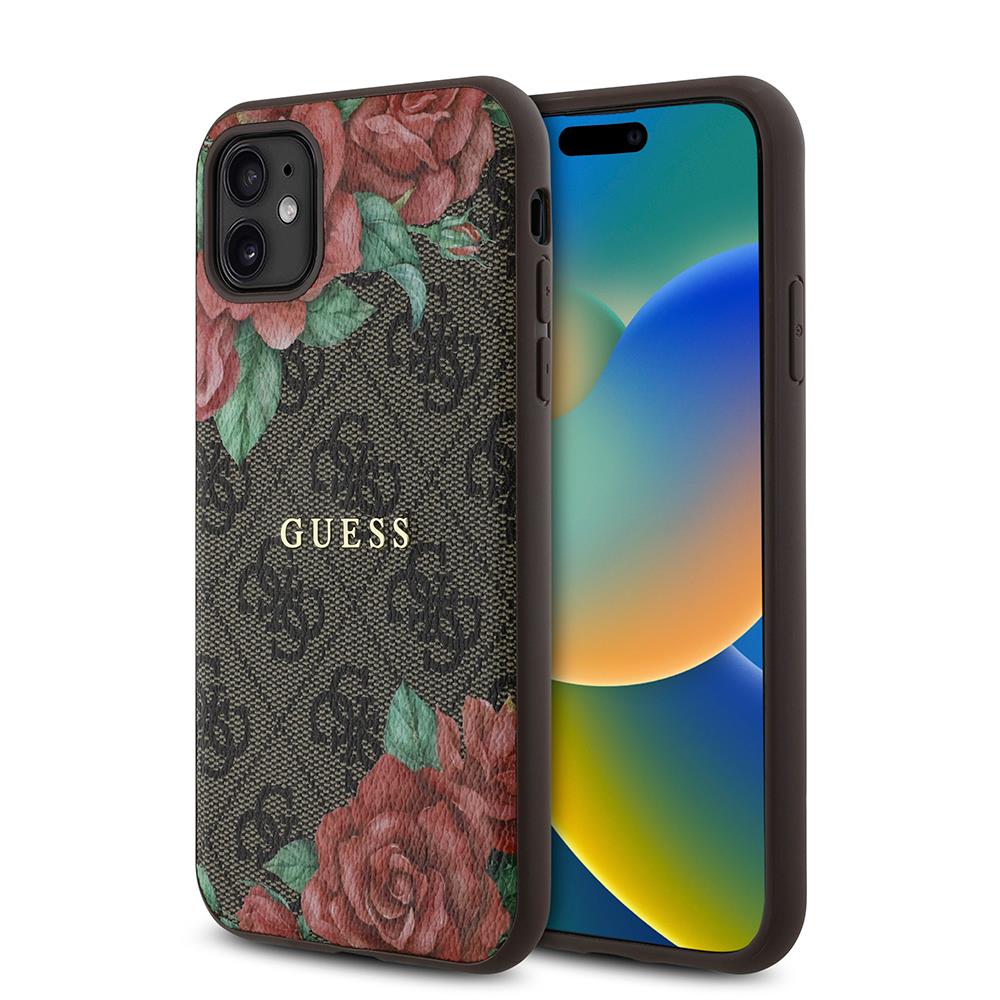 Apple iPhone 11 Kılıf Guess Orjinal Lisanslı M-safe Uyumlu Gül Baskılı 4G Desenli Yazı Logolu Kapak
