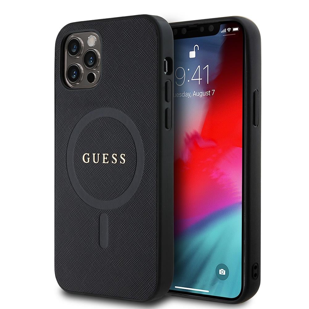 Apple iPhone 12 Pro Kılıf Guess Orjinal Lisanslı M-safe Şarj Özellikli Yazı Logolu Saffiano Classic Kapak